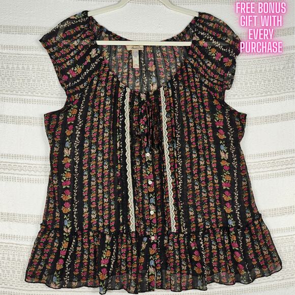 American Rag Vintage Sheer Black Floral Rose Top Size XL Boho - Picture 1 of 8